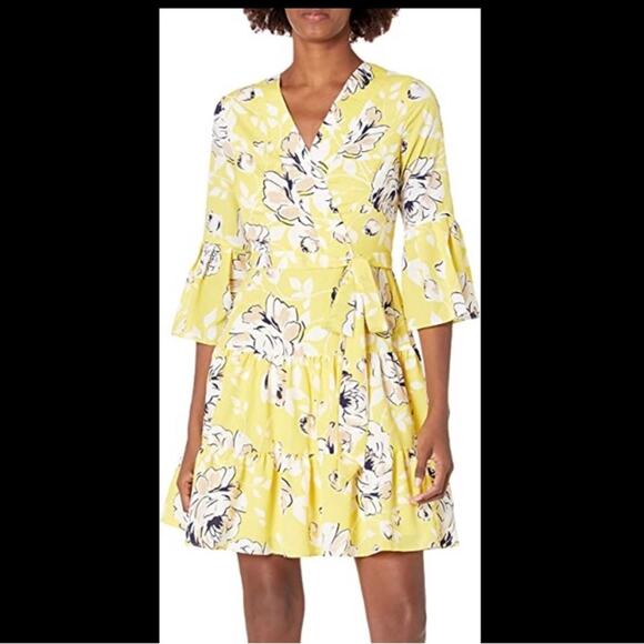 NWT Eliza J Faux Wrap Chiffon Mini Flounce Dress in Yellow Floral - Size 8 - Picture 1 of 9